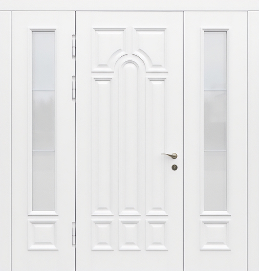 Металлическая уличная термодверь с боковыми остекленными вставками и панелями МДФ белого цвета с багетом