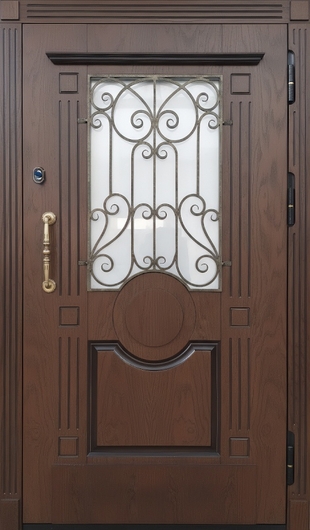 Металлическая термодверь со стеклопакетом, ковкой и панелями МДФ с фрезеровкой и багетом Металлическая термодверь со стеклопакетом, ковкой и панелями МДФ с фрезеровкой и багетом
